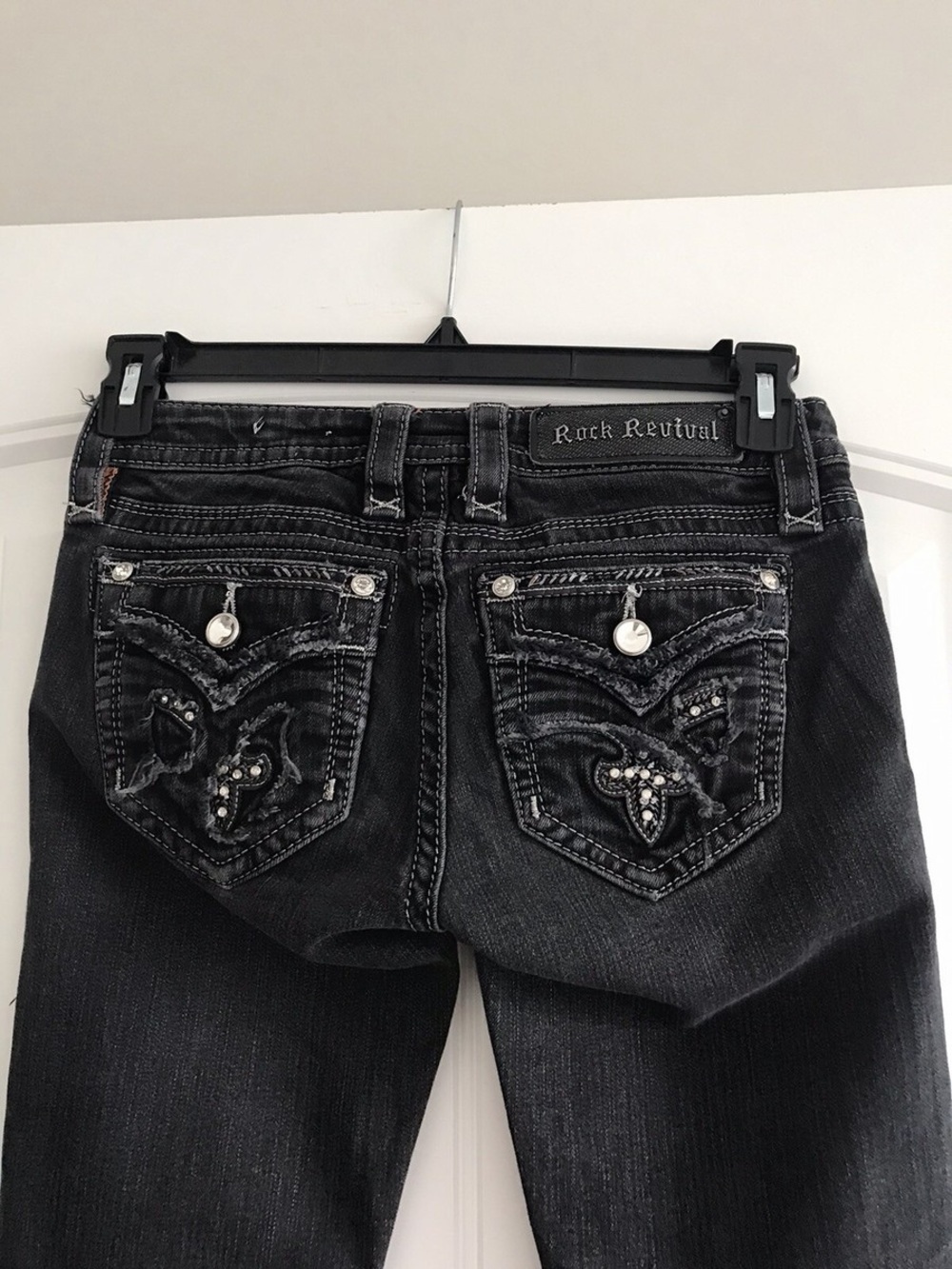 Rock Revival Black Skinny Jeans with Embellished Pockets
